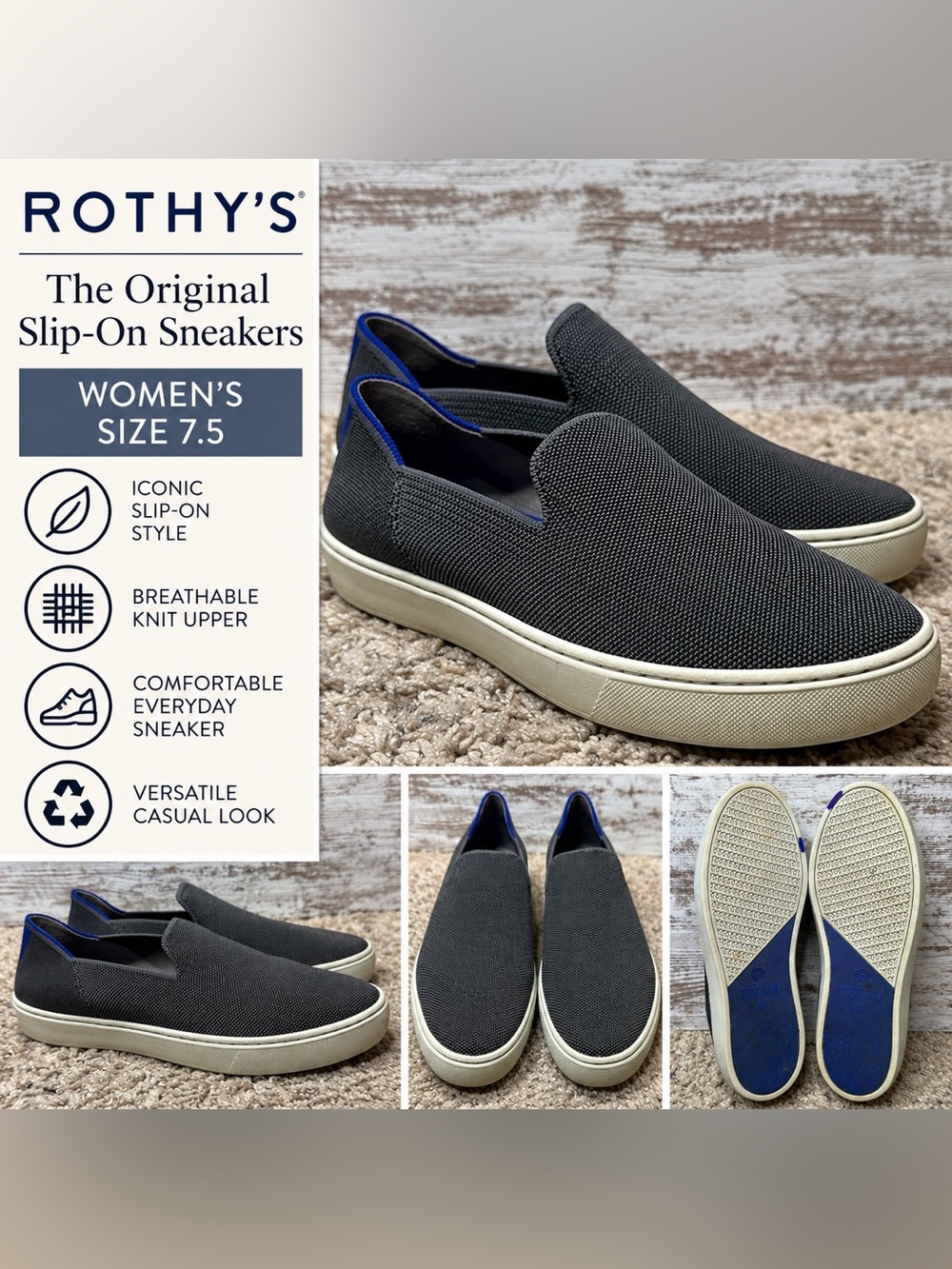 Rothy’s The Original Slip-On Sneakers Women’s Size 7.5 Gray Blue Knit Shoes